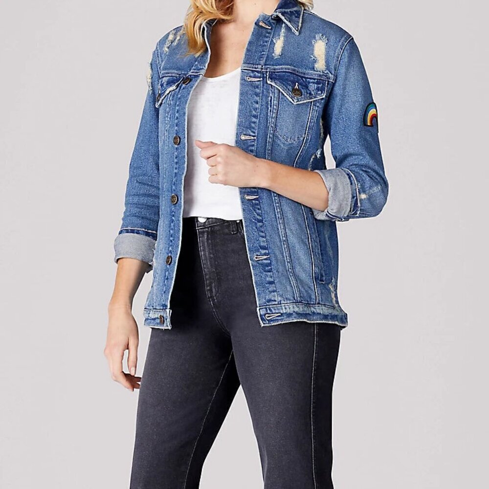 LEE Denim Trucker Jean Jacket Size L Embroidered 70s Rainbow Patch Distressed